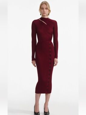 Self-Portrait Burgundy Cut Out Rib Knit Midi Dress  Sz S D31